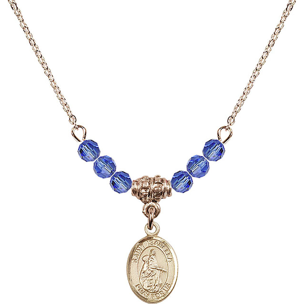 14kt Gold Filled Saint Isabella of Portugal Birthstone Necklace with Sapphire Beads - 9250
