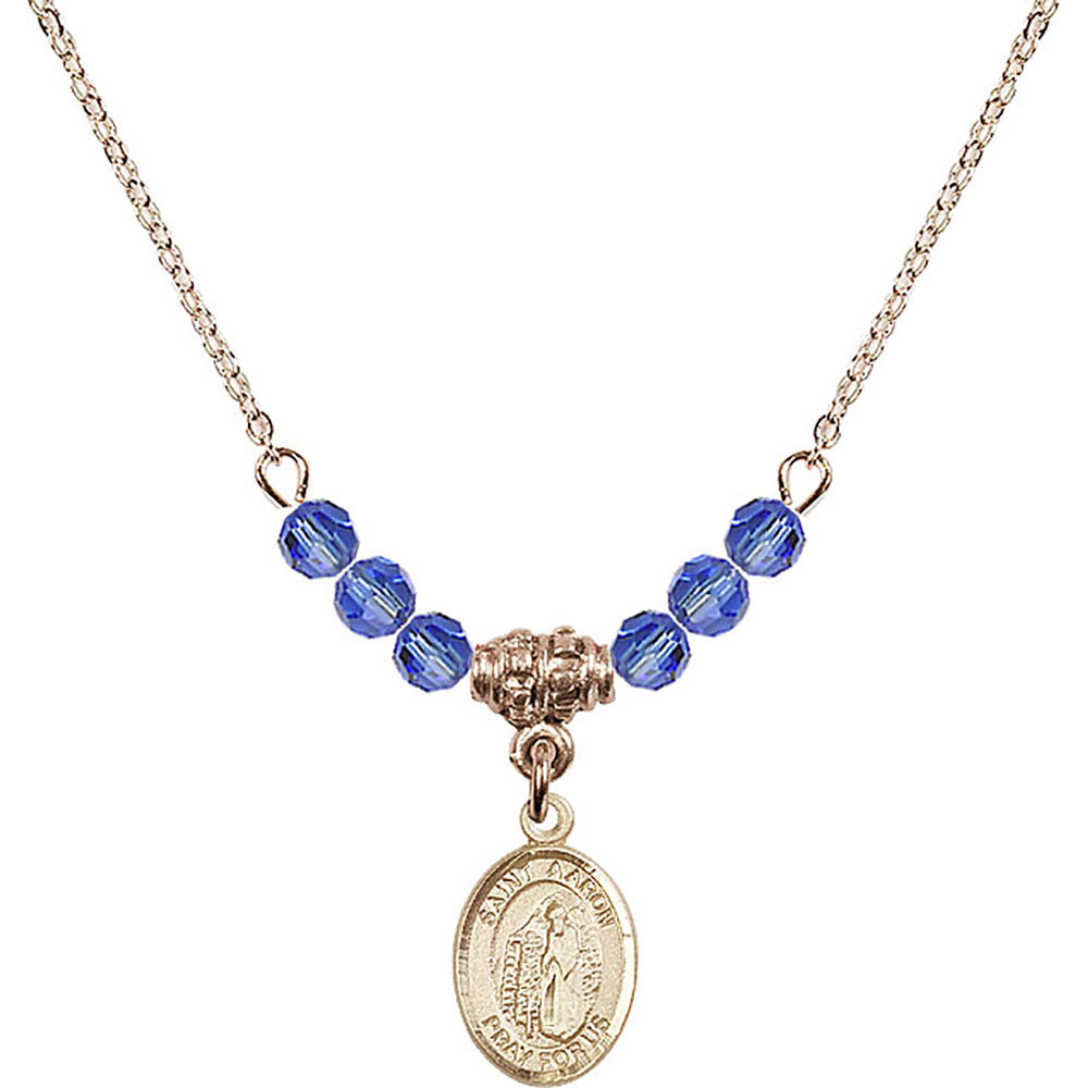 14kt Gold Filled Saint Aaron Birthstone Necklace with Sapphire Beads - 9254