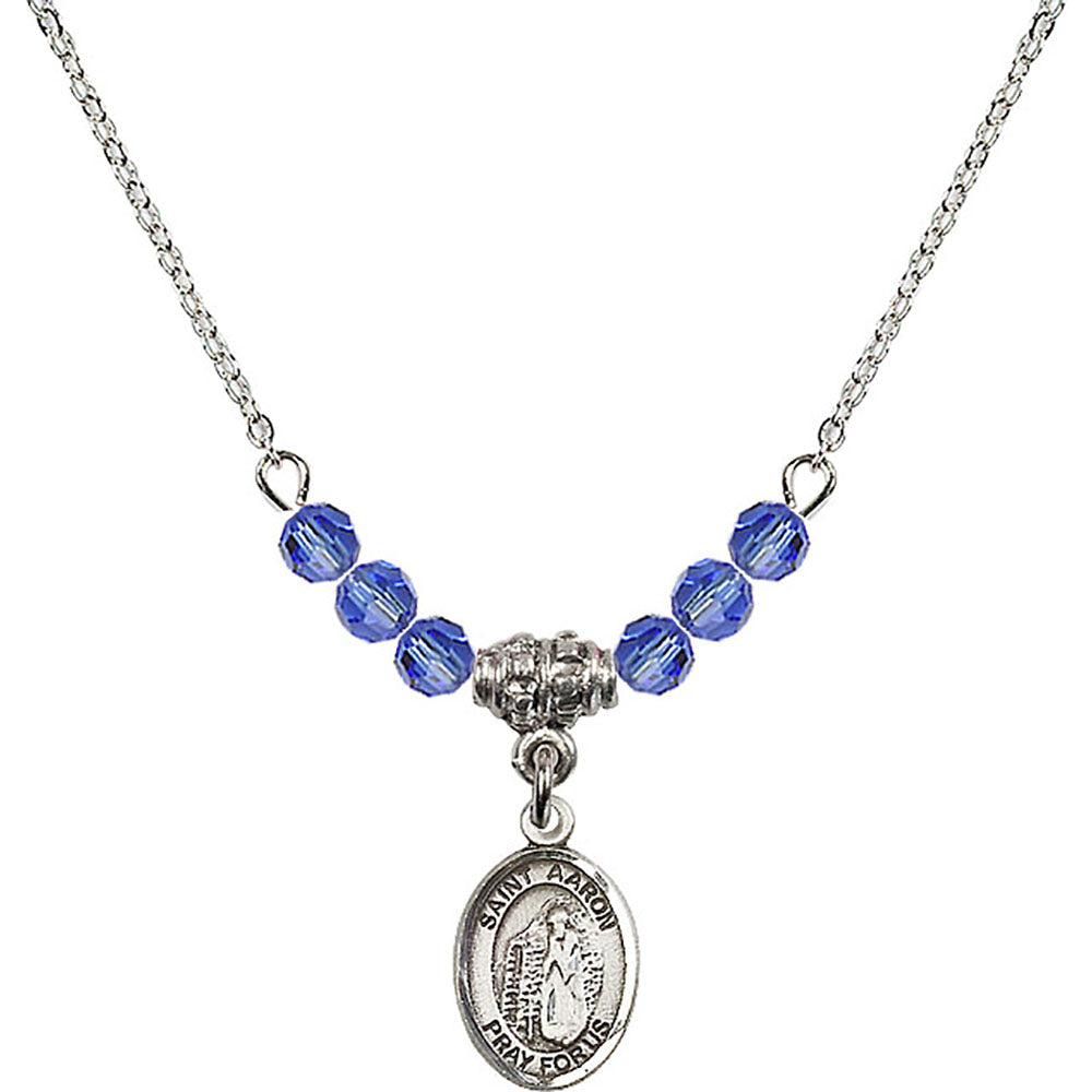 Sterling Silver Saint Aaron Birthstone Necklace with Sapphire Beads - 9254