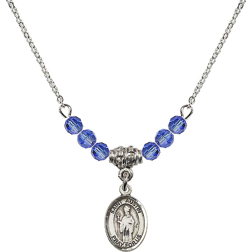 Sterling Silver Saint Austin Birthstone Necklace with Sapphire Beads - 9256