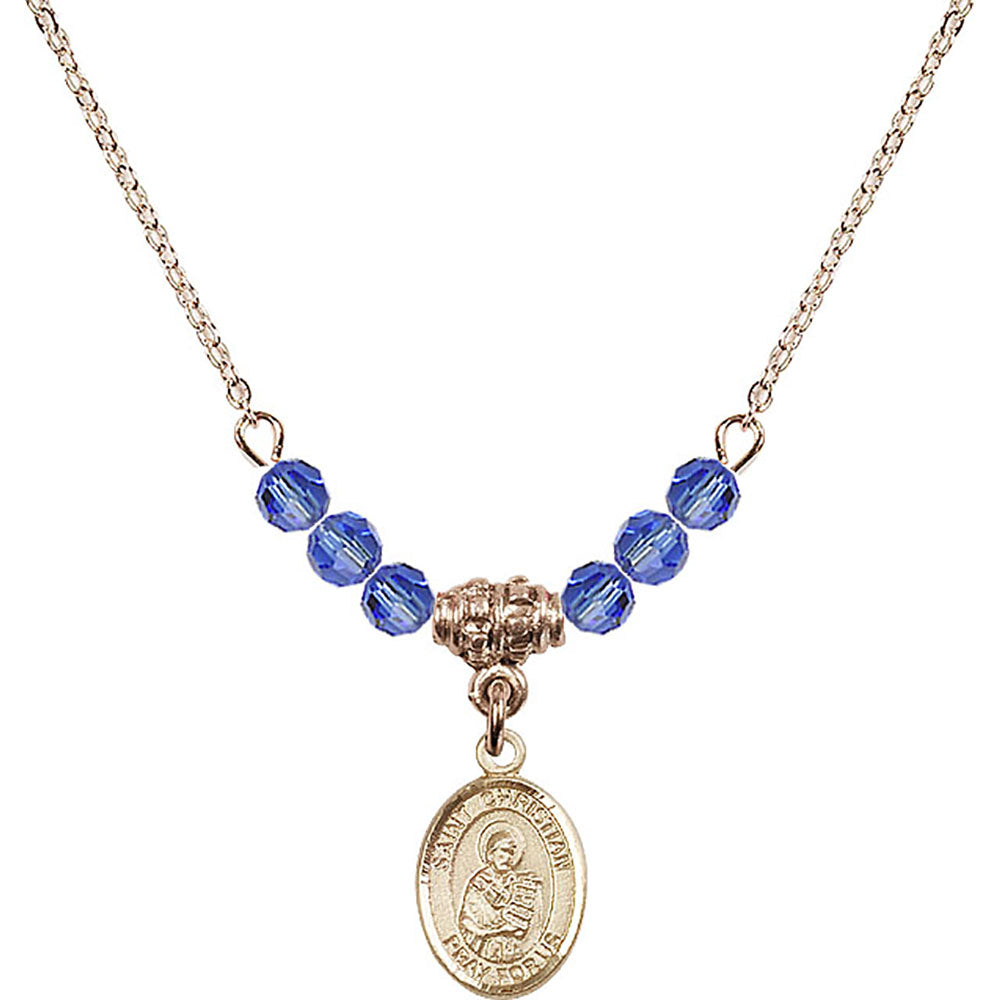 14kt Gold Filled Saint Christian Demosthenes Birthstone Necklace with Sapphire Beads - 9257
