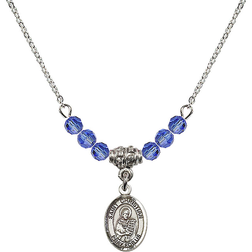 Sterling Silver Saint Christian Demosthenes Birthstone Necklace with Sapphire Beads - 9257