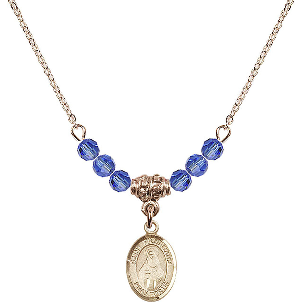 14kt Gold Filled Saint Hildegard von Bingen Birthstone Necklace with Sapphire Beads - 9260
