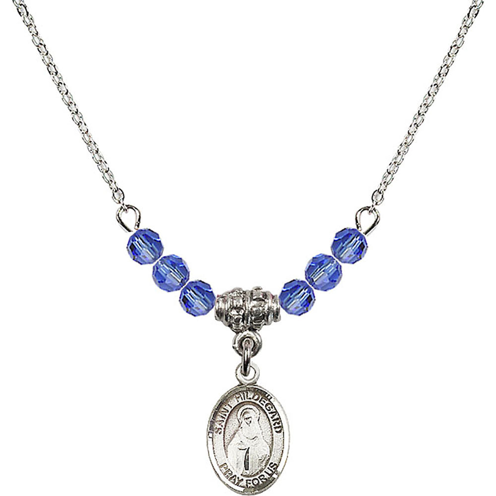 Sterling Silver Saint Hildegard von Bingen Birthstone Necklace with Sapphire Beads - 9260