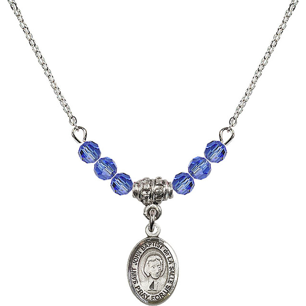 Sterling Silver Saint John Baptist de la Salle Birthstone Necklace with Sapphire Beads - 9262