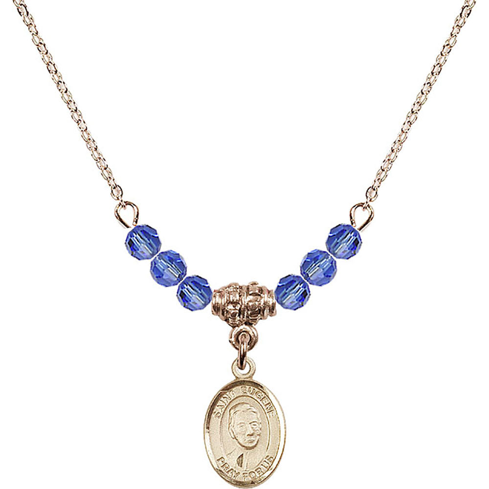 14kt Gold Filled Saint Eugene de Mazenod Birthstone Necklace with Sapphire Beads - 9266