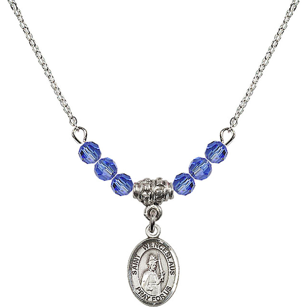 Sterling Silver Saint Wenceslaus Birthstone Necklace with Sapphire Beads - 9273