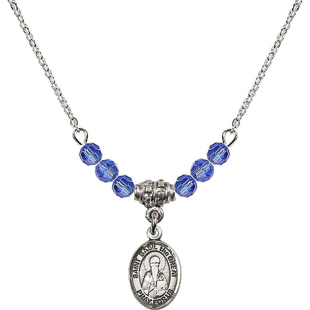 Sterling Silver Saint Basil the Great Birthstone Necklace with Sapphire Beads - 9275