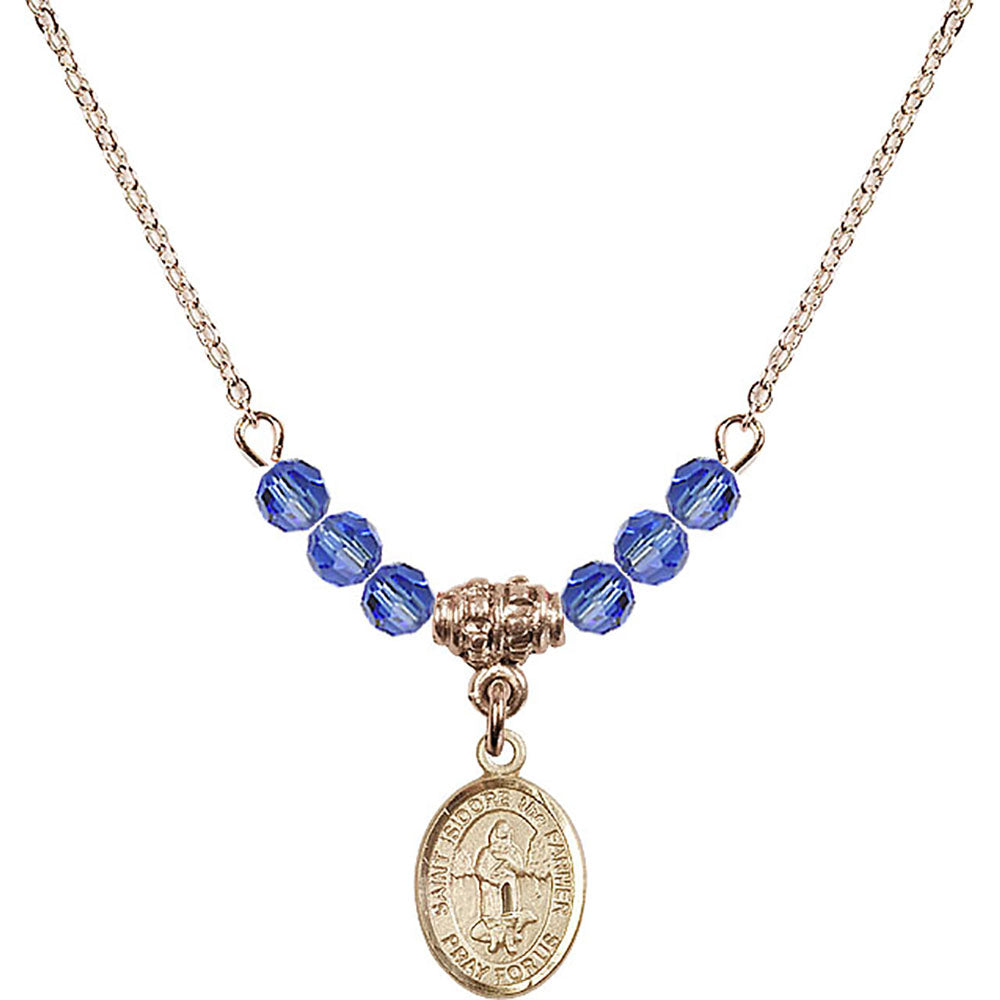 14kt Gold Filled Saint Isidore the Farmer Birthstone Necklace with Sapphire Beads - 9276