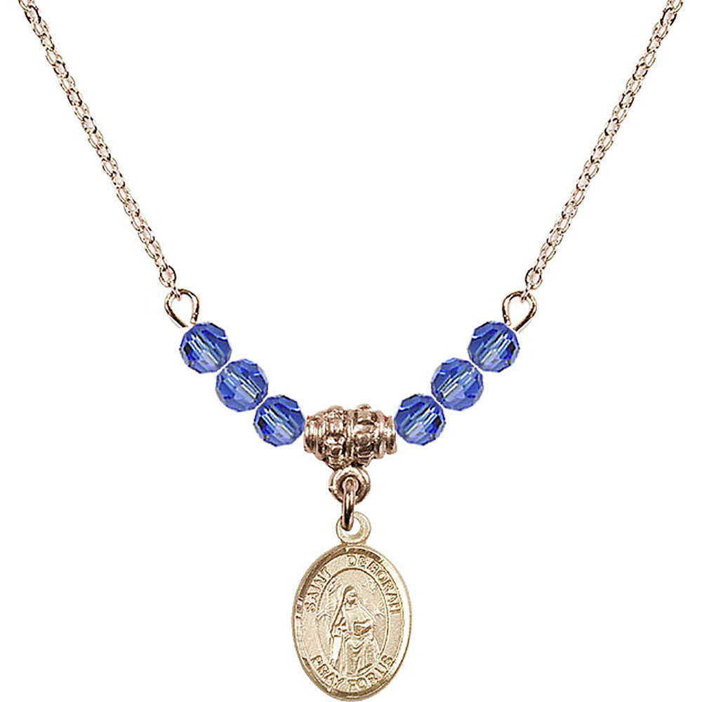14kt Gold Filled Saint Deborah Birthstone Necklace with Sapphire Beads - 9286