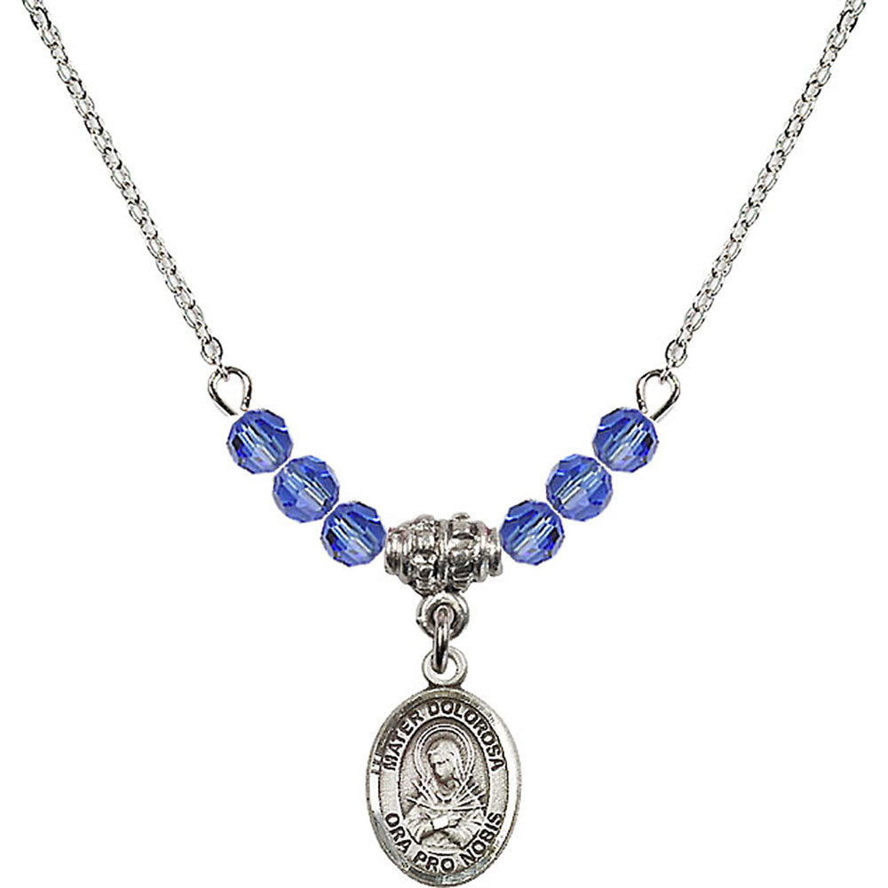 Sterling Silver Mater Dolorosa Birthstone Necklace with Sapphire Beads - 9290