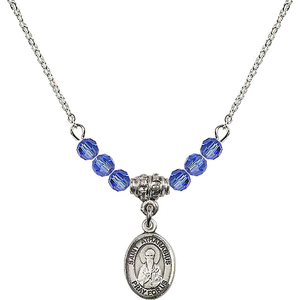 Sterling Silver Saint Athanasius Birthstone Necklace with Sapphire Beads - 9296