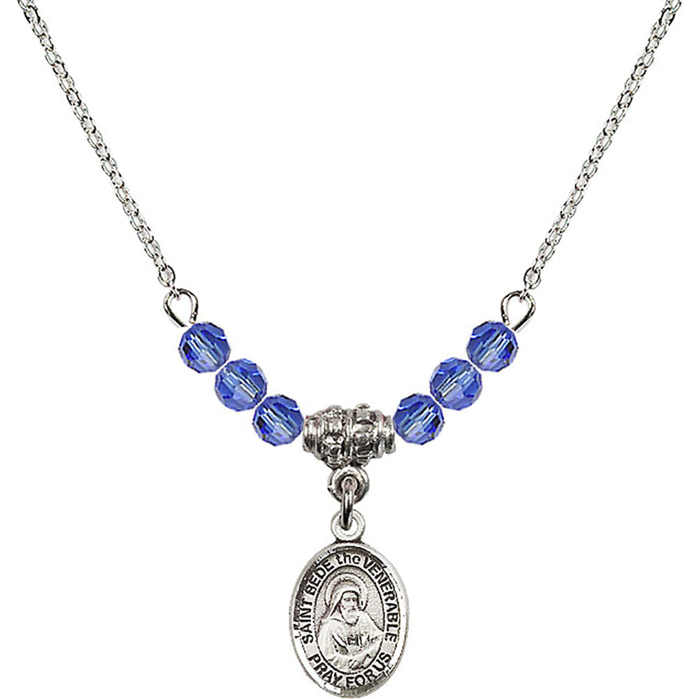 Sterling Silver Saint Bede the Venerable Birthstone Necklace with Sapphire Beads - 9302