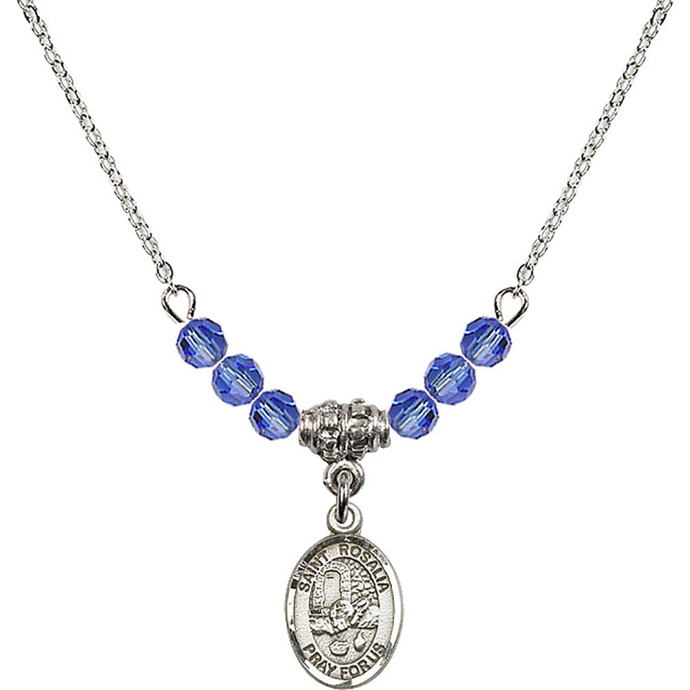 Sterling Silver Saint Rosalia Birthstone Necklace with Sapphire Beads - 9309