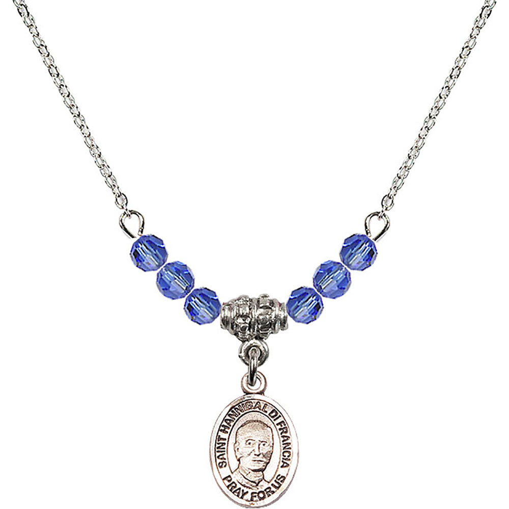 Sterling Silver Saint Hannibal Birthstone Necklace with Sapphire Beads - 9327