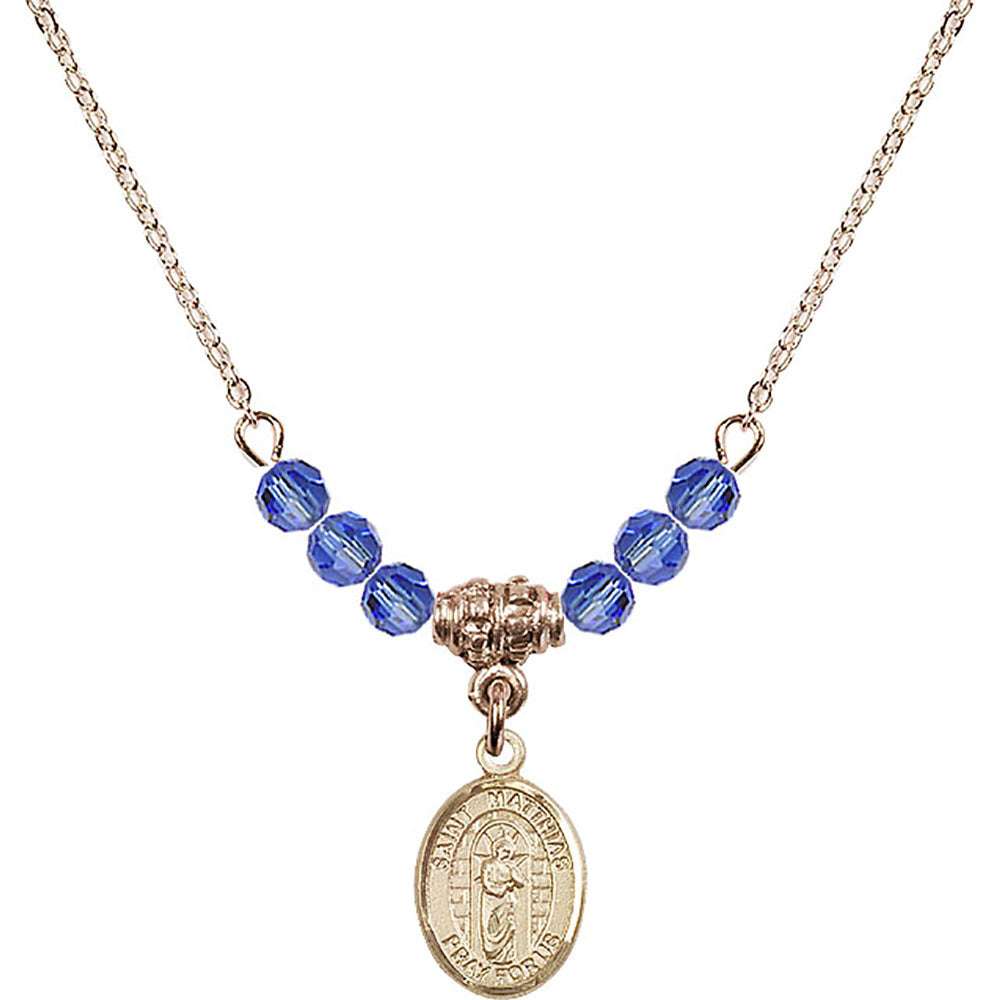 14kt Gold Filled Saint Matthias the Apostle Birthstone Necklace with Sapphire Beads - 9331