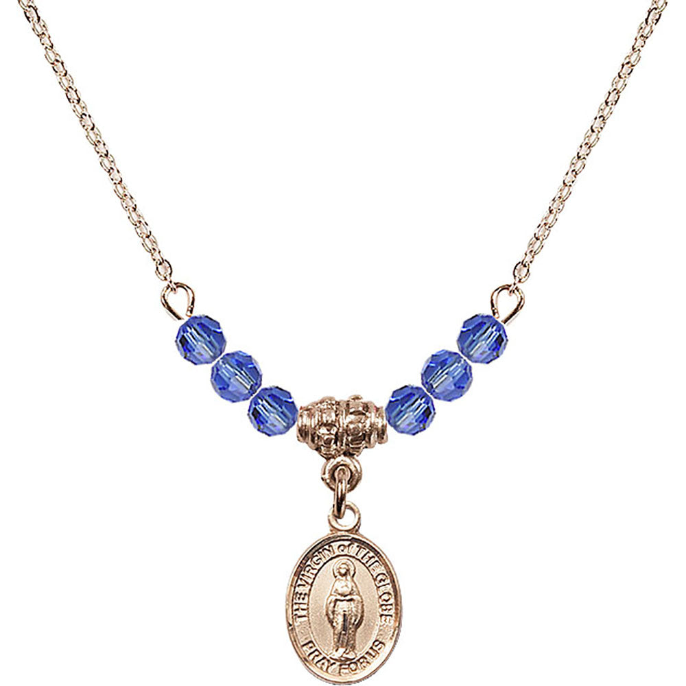 14kt Gold Filled Virgin of the Globe Birthstone Necklace with Sapphire Beads - 9345
