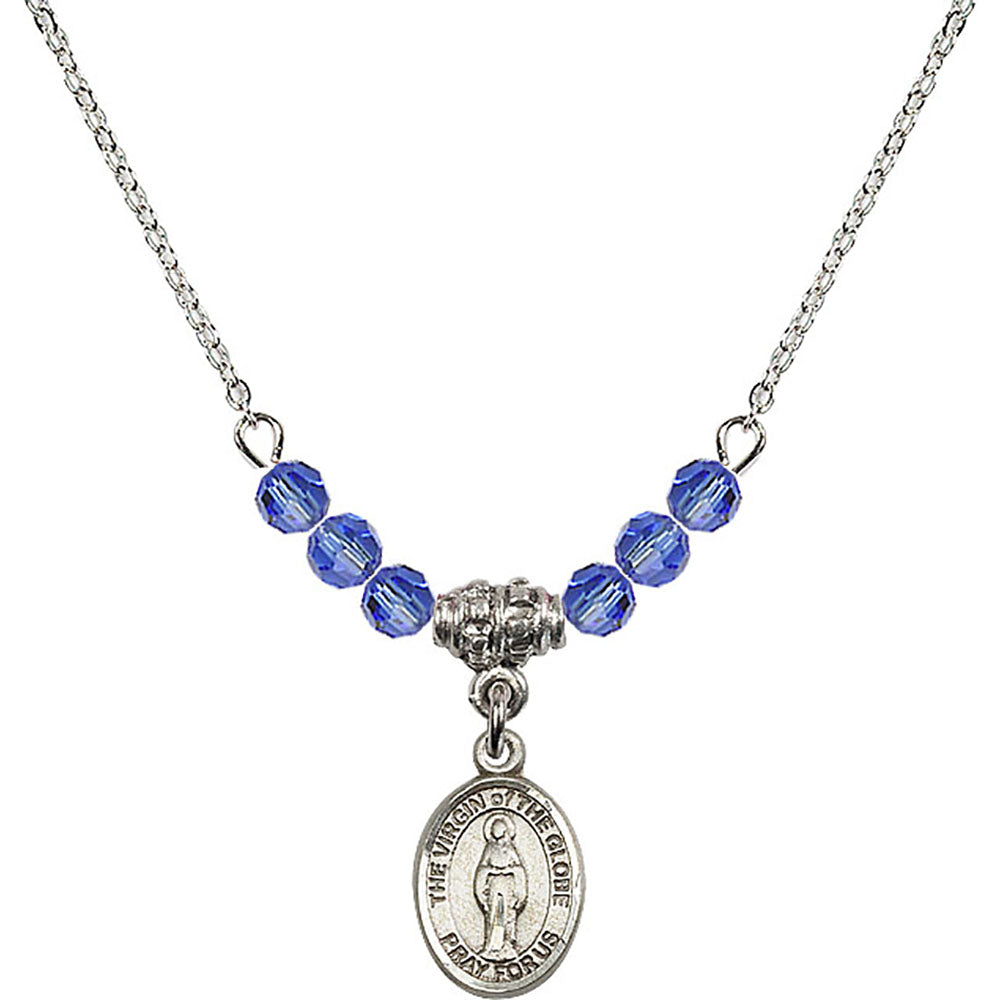 Sterling Silver Virgin of the Globe Birthstone Necklace with Sapphire Beads - 9345