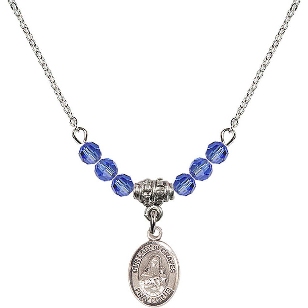 Sterling Silver Our Lady of Grapes Birthstone Necklace with Sapphire Beads - 9347
