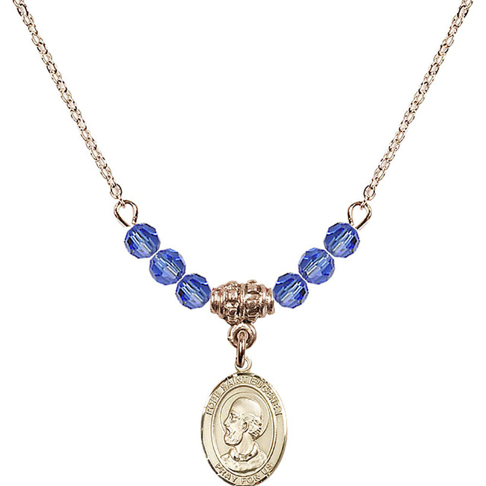 14kt Gold Filled Pope Saint Eugene I Birthstone Necklace with Sapphire Beads - 9352