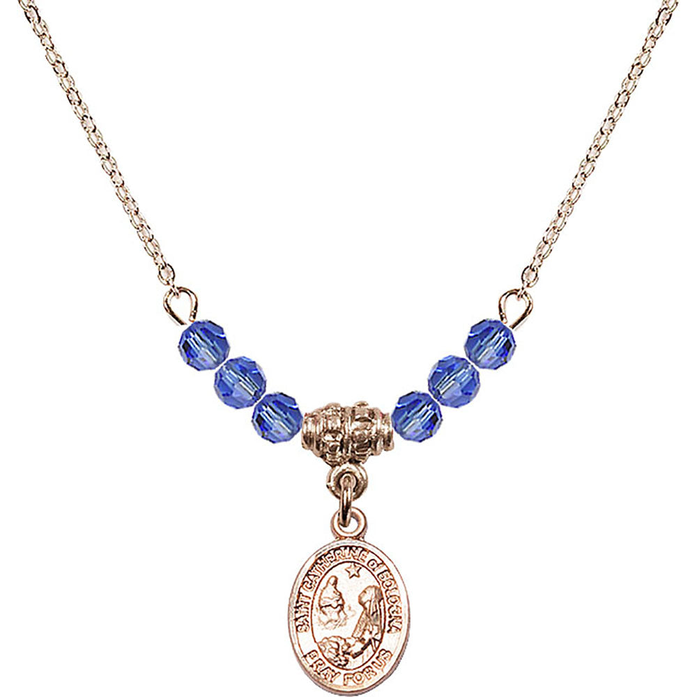 14kt Gold Filled Saint Catherine of Bologna Birthstone Necklace with Sapphire Beads - 9354