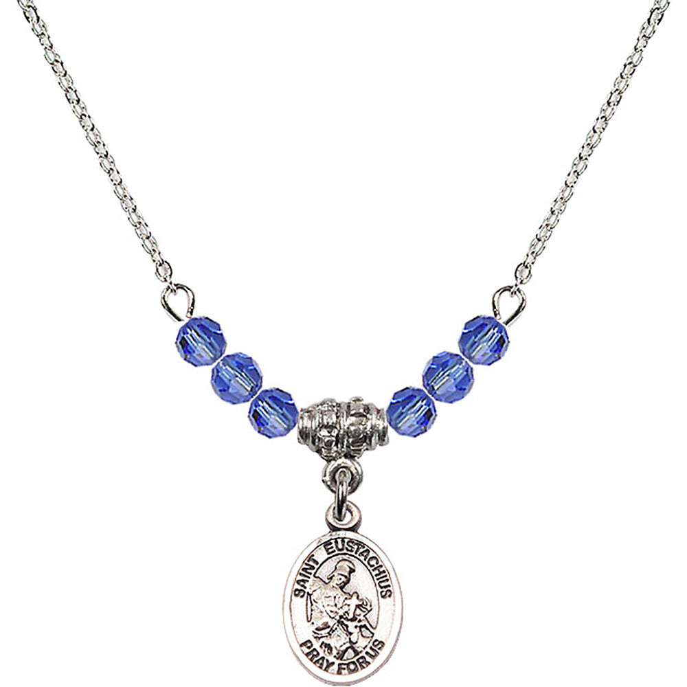 Sterling Silver Saint Eustachius Birthstone Necklace with Sapphire Beads - 9356