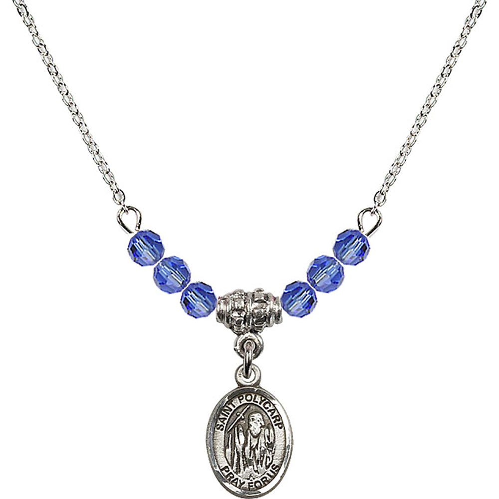 Sterling Silver Saint Polycarp of Smyrna Birthstone Necklace with Sapphire Beads - 9363
