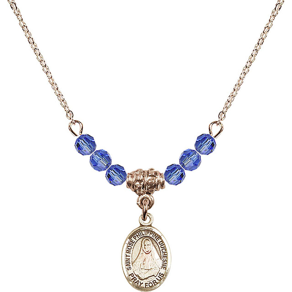 14kt Gold Filled Saint Rose Philippine Duchesne Birthstone Necklace with Sapphire Beads - 9371