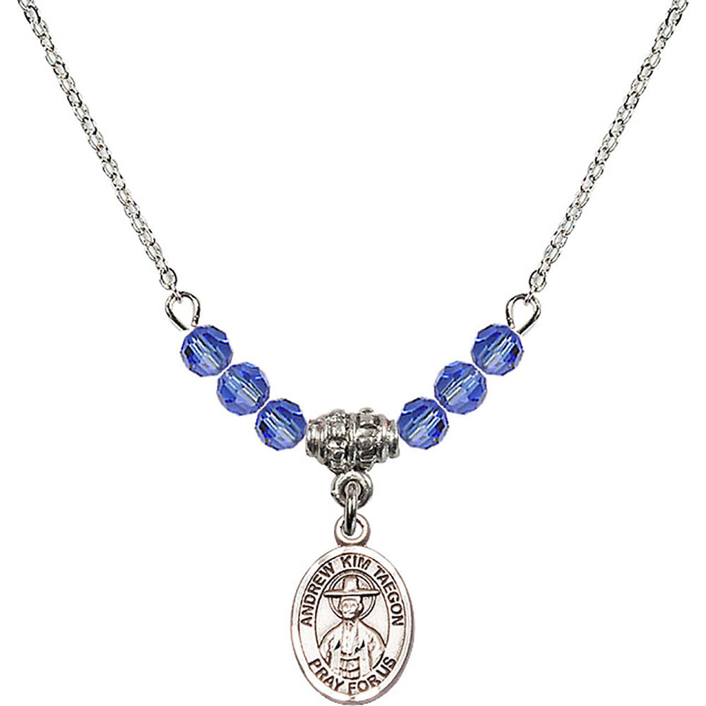 Sterling Silver Saint Andrew Kim Taegon Birthstone Necklace with Sapphire Beads - 9373