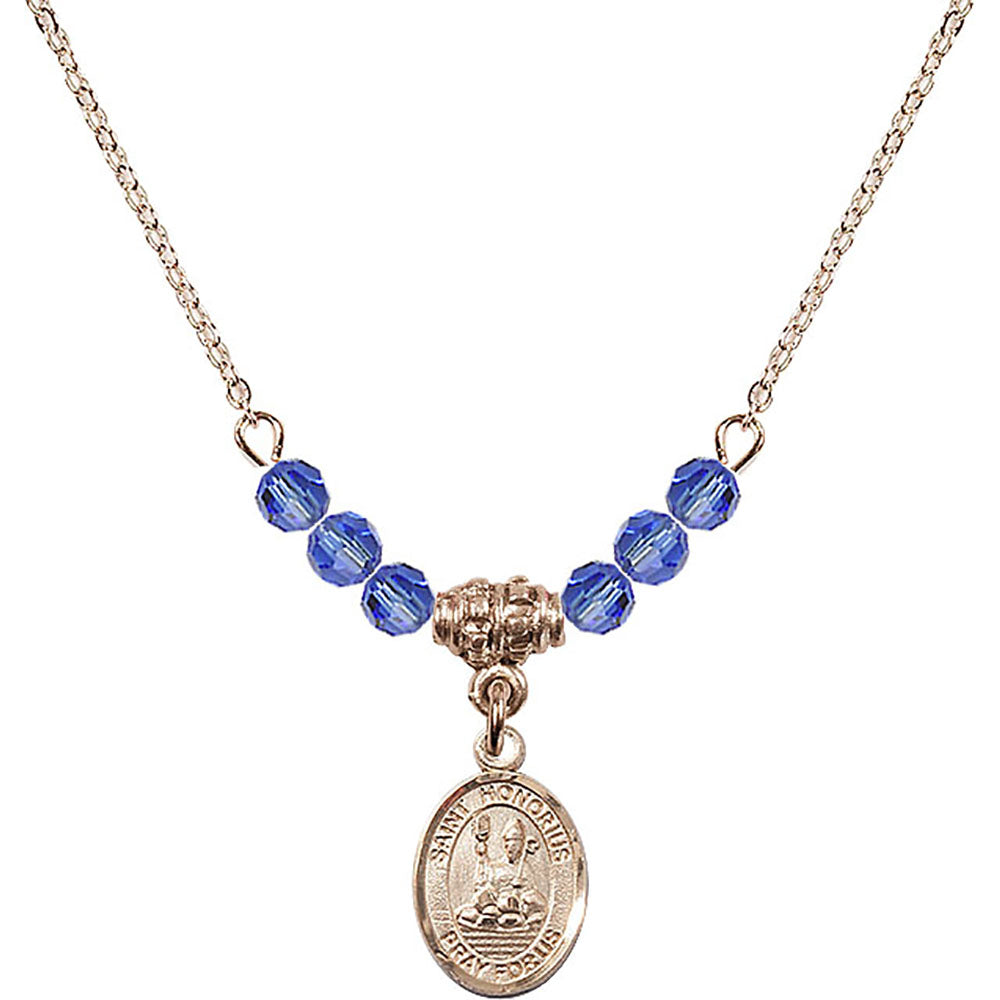 14kt Gold Filled Saint Honorius of Amiens Birthstone Necklace with Sapphire Beads - 9376