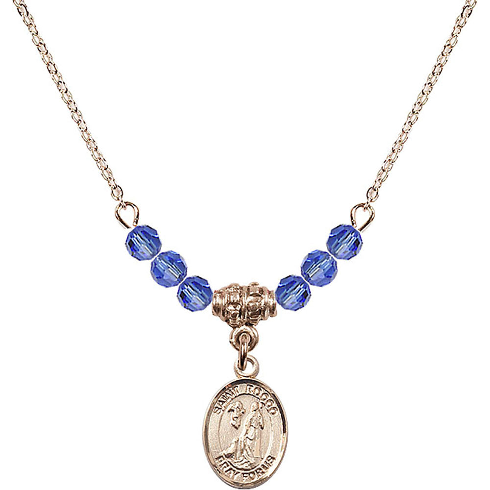 14kt Gold Filled Saint Rocco Birthstone Necklace with Sapphire Beads - 9377