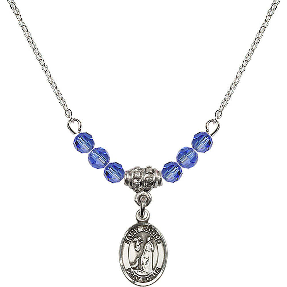 Sterling Silver Saint Rocco Birthstone Necklace with Sapphire Beads - 9377