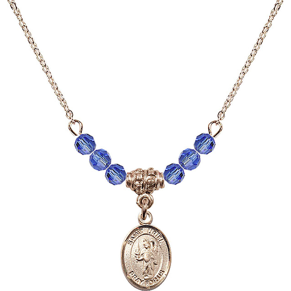 14kt Gold Filled Saint Uriel the Archangel Birthstone Necklace with Sapphire Beads - 9378