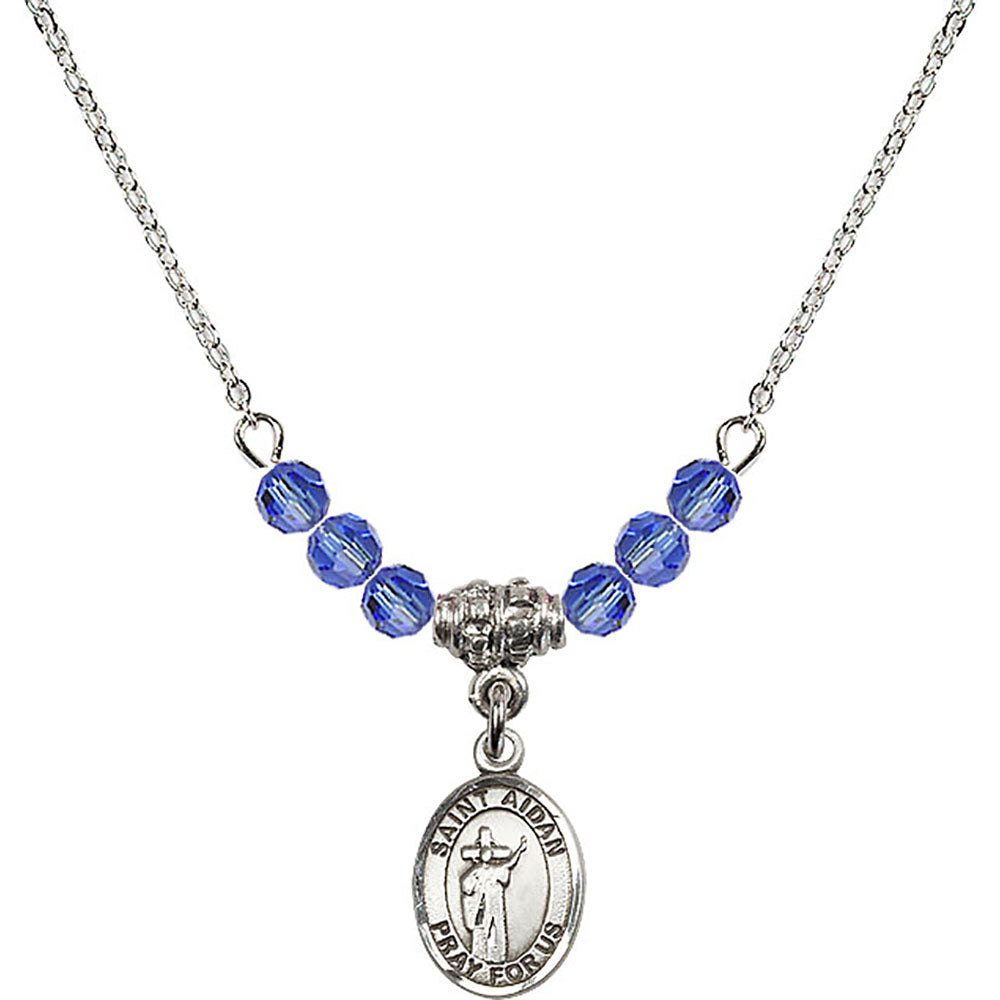 Sterling Silver Saint Aidan of Lindesfarne Birthstone Necklace with Sapphire Beads - 9381