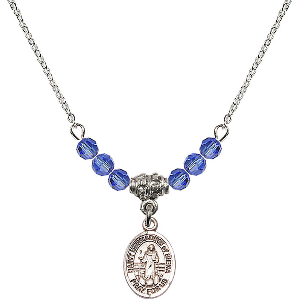 Sterling Silver Saint Bernadine of Sienna Birthstone Necklace with Sapphire Beads - 9387