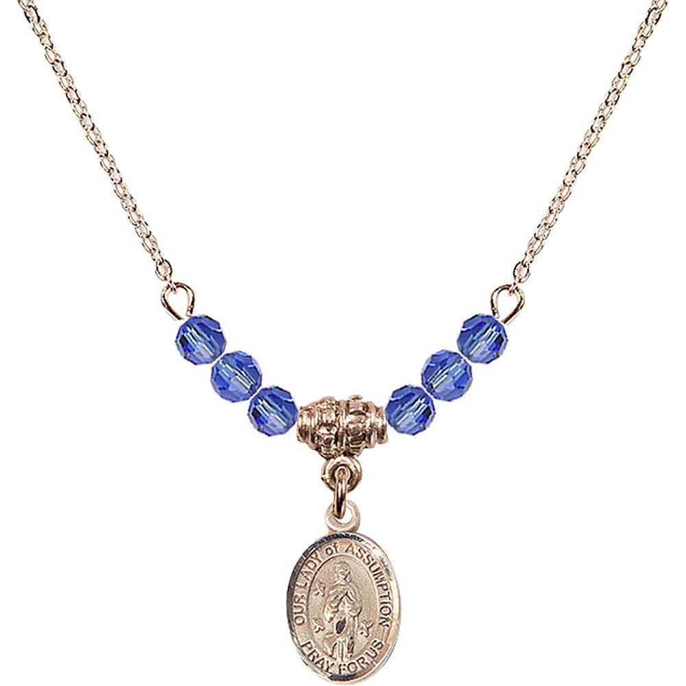 14kt Gold Filled Our Lady of Assumption Birthstone Necklace with Sapphire Beads - 9388