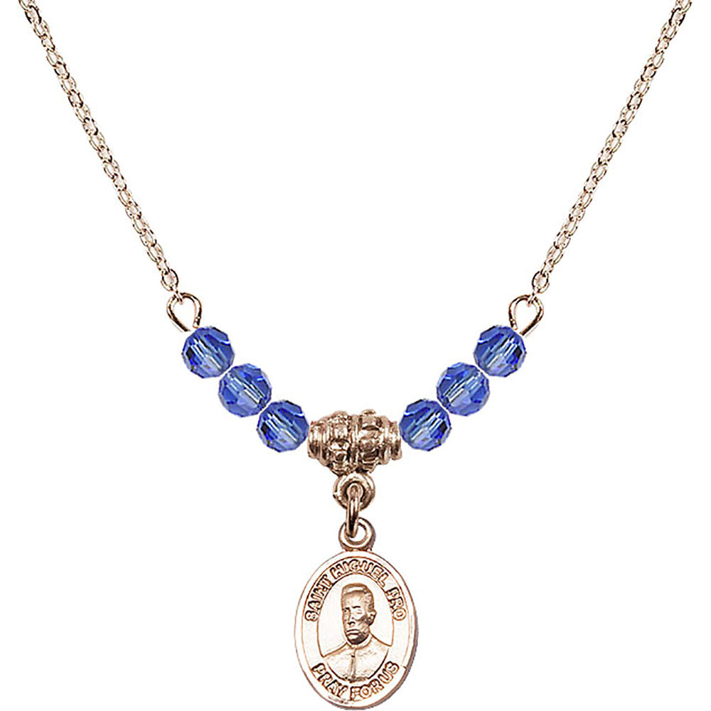 14kt Gold Filled Blessed Miguel Pro Birthstone Necklace with Sapphire Beads - 9389