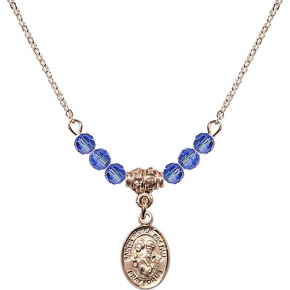 14kt Gold Filled Saints Peter & Paul Birthstone Necklace with Sapphire Beads - 9410