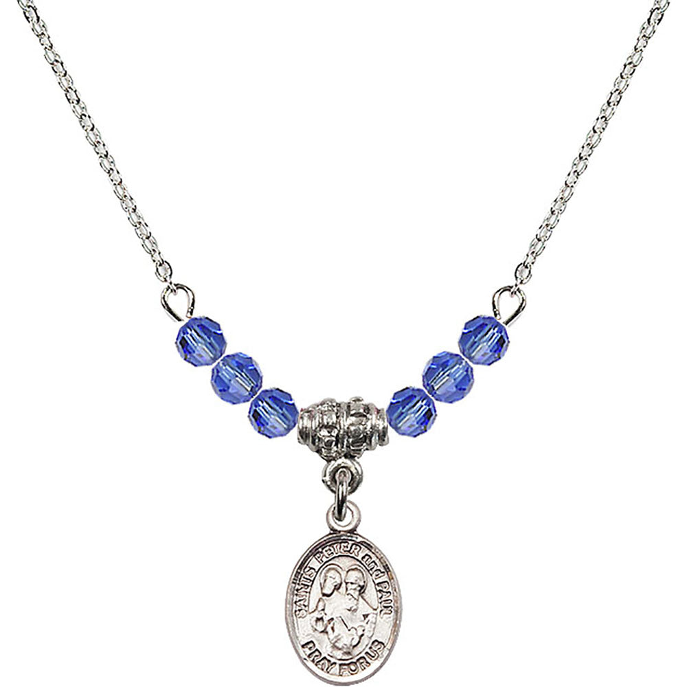 Sterling Silver Saints Peter & Paul Birthstone Necklace with Sapphire Beads - 9410