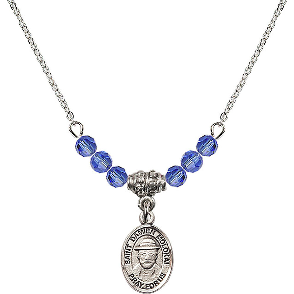 Sterling Silver Saint Damien of Molokai Birthstone Necklace with Sapphire Beads - 9412