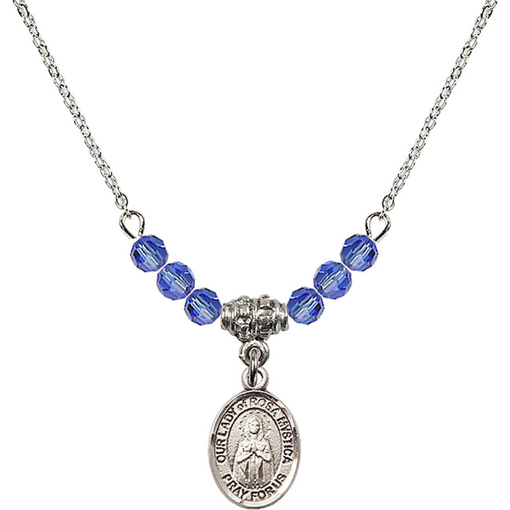 Sterling Silver Our Lady of Rosa Mystica Birthstone Necklace with Sapphire Beads - 9413