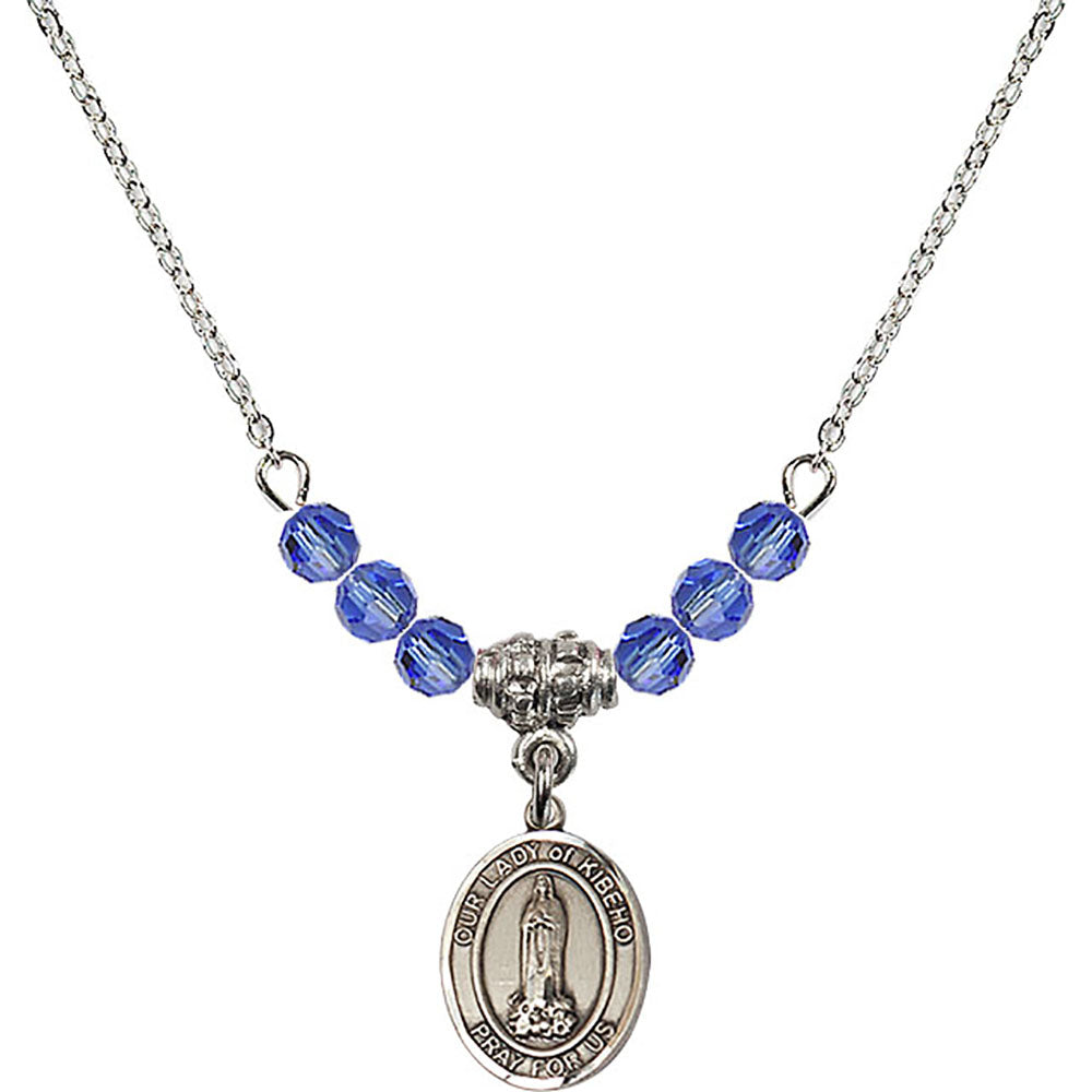 Sterling Silver Our Lady of Kibeho Birthstone Necklace with Sapphire Beads - 9414