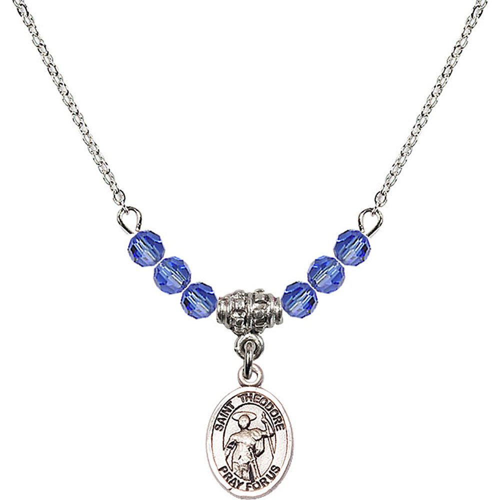 Sterling Silver Saint Theodore Stratelates Birthstone Necklace with Sapphire Beads - 9415
