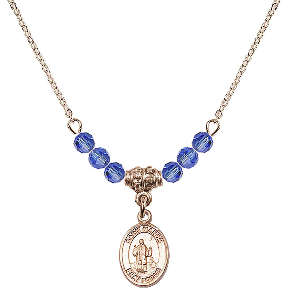 14kt Gold Filled Saint Maron Birthstone Necklace with Sapphire Beads - 9417