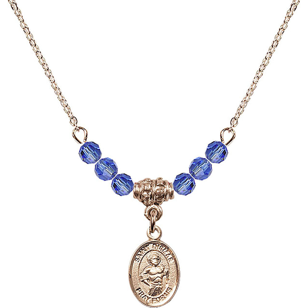 14kt Gold Filled Saint Dismas Birthstone Necklace with Sapphire Beads - 9418