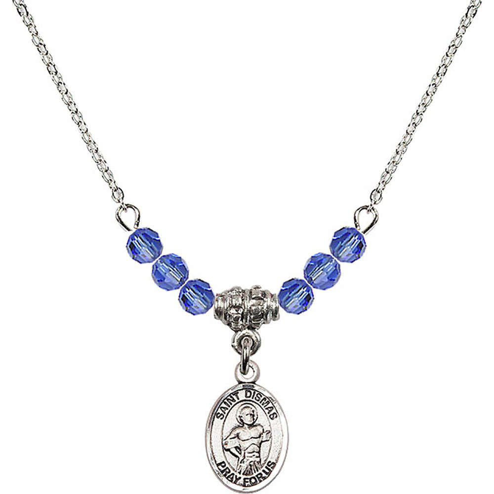 Sterling Silver Saint Dismas Birthstone Necklace with Sapphire Beads - 9418