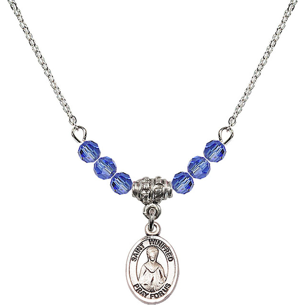 Sterling Silver Saint Winifred of Wales Birthstone Necklace with Sapphire Beads - 9419