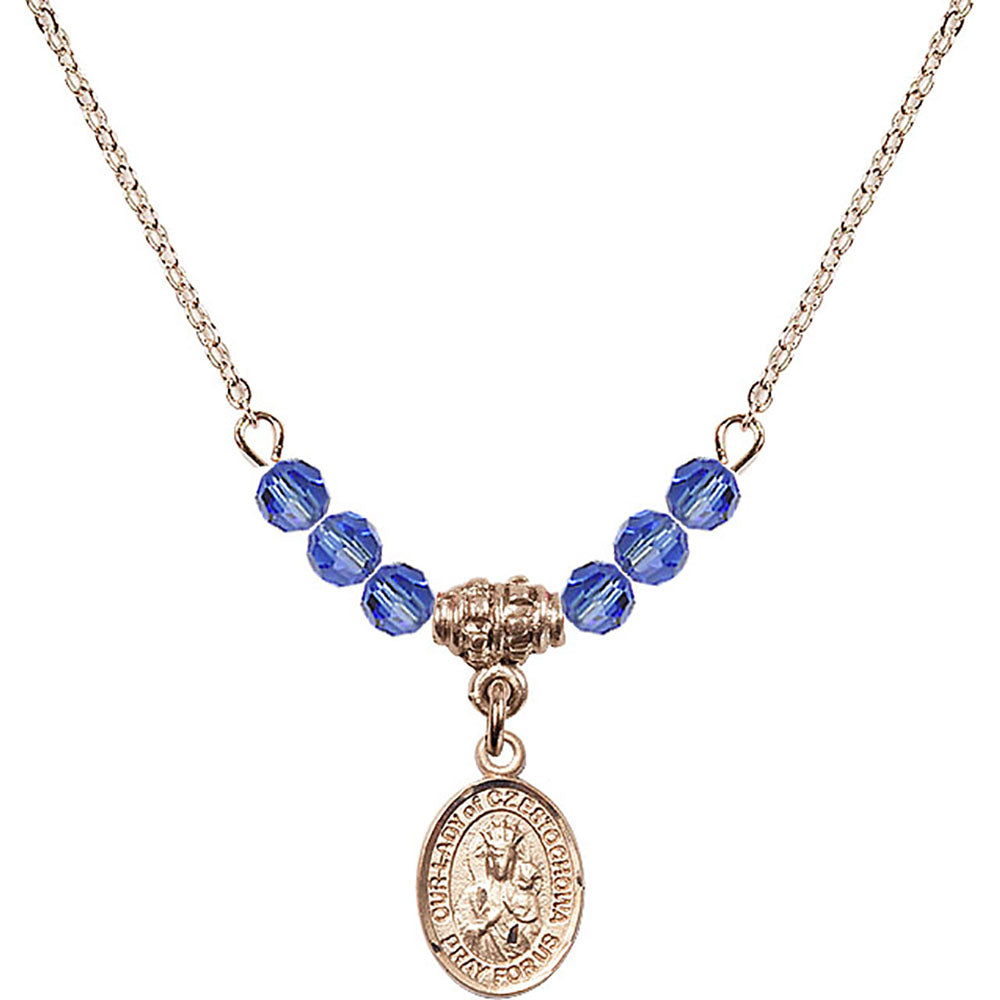 14kt Gold Filled Our Lady of Czestochowa Birthstone Necklace with Sapphire Beads - 9421