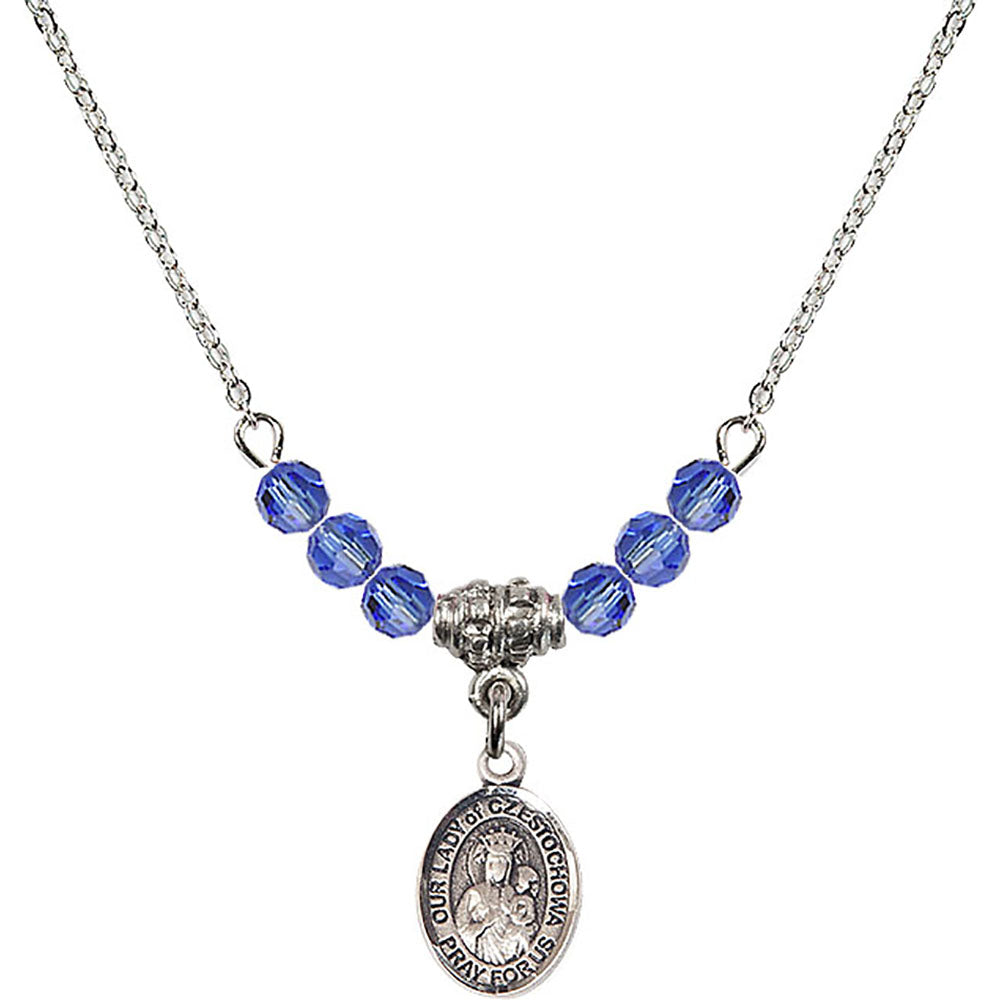 Sterling Silver Our Lady of Czestochowa Birthstone Necklace with Sapphire Beads - 9421