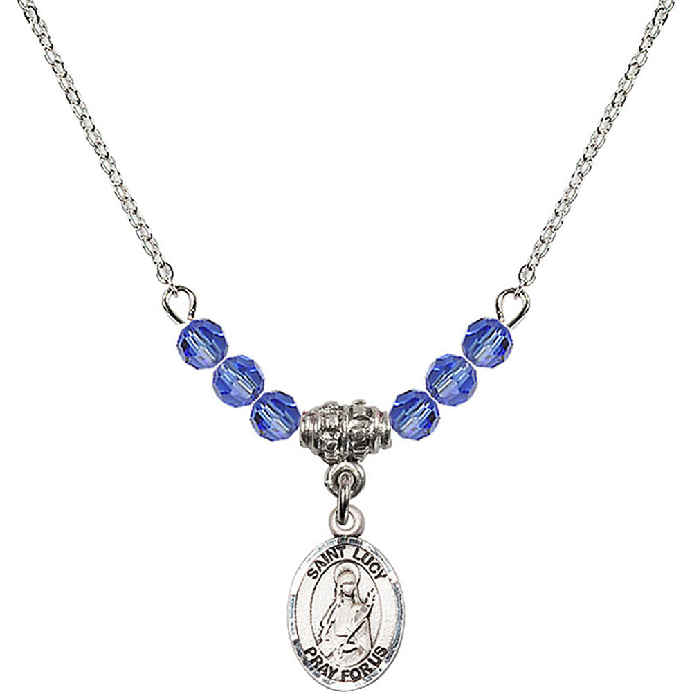Sterling Silver Saint Lucy Birthstone Necklace with Sapphire Beads - 9422